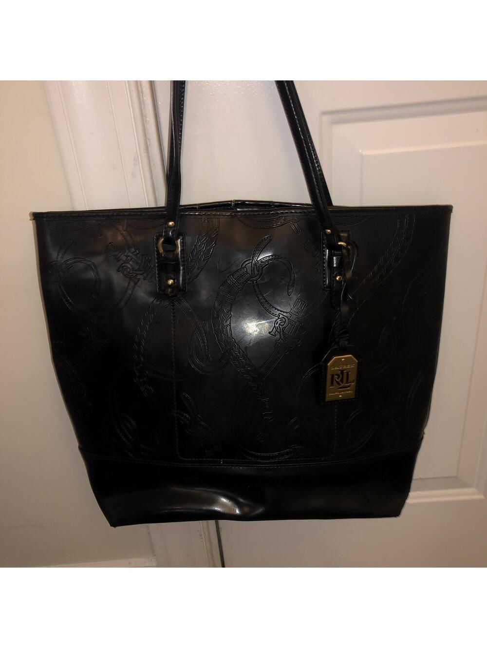 LAUREN RALPH LAUREN BLACK TOTE EQUESTRIAN PURSE SHOULDER HAND BAG W/ GOLD TAG